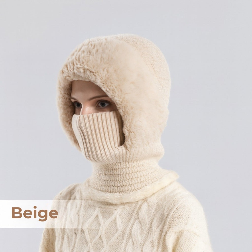 Thermische gebreide hood-muts voor dames – Fleece gevoerde wintermuts, nekwarmer en gezichtsbedekking