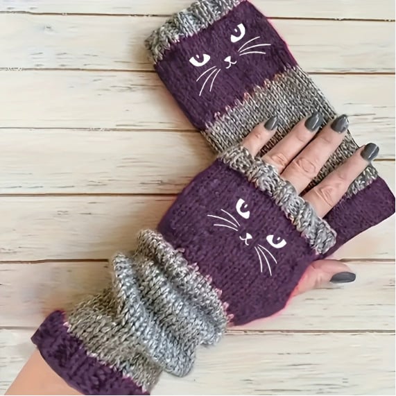 🐱🧶Vingerloze handschoenen van gebreid materiaal met schattige kattenborduursels