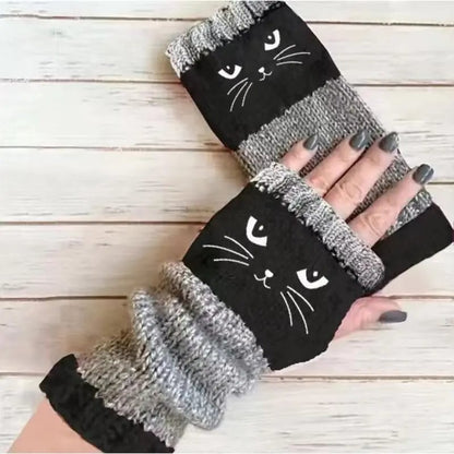 🐱🧶Vingerloze handschoenen van gebreid materiaal met schattige kattenborduursels