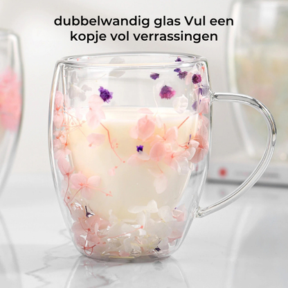 Dubbelwandige Glazen Koffiemok met Gedroogde Bloemen 350 ml