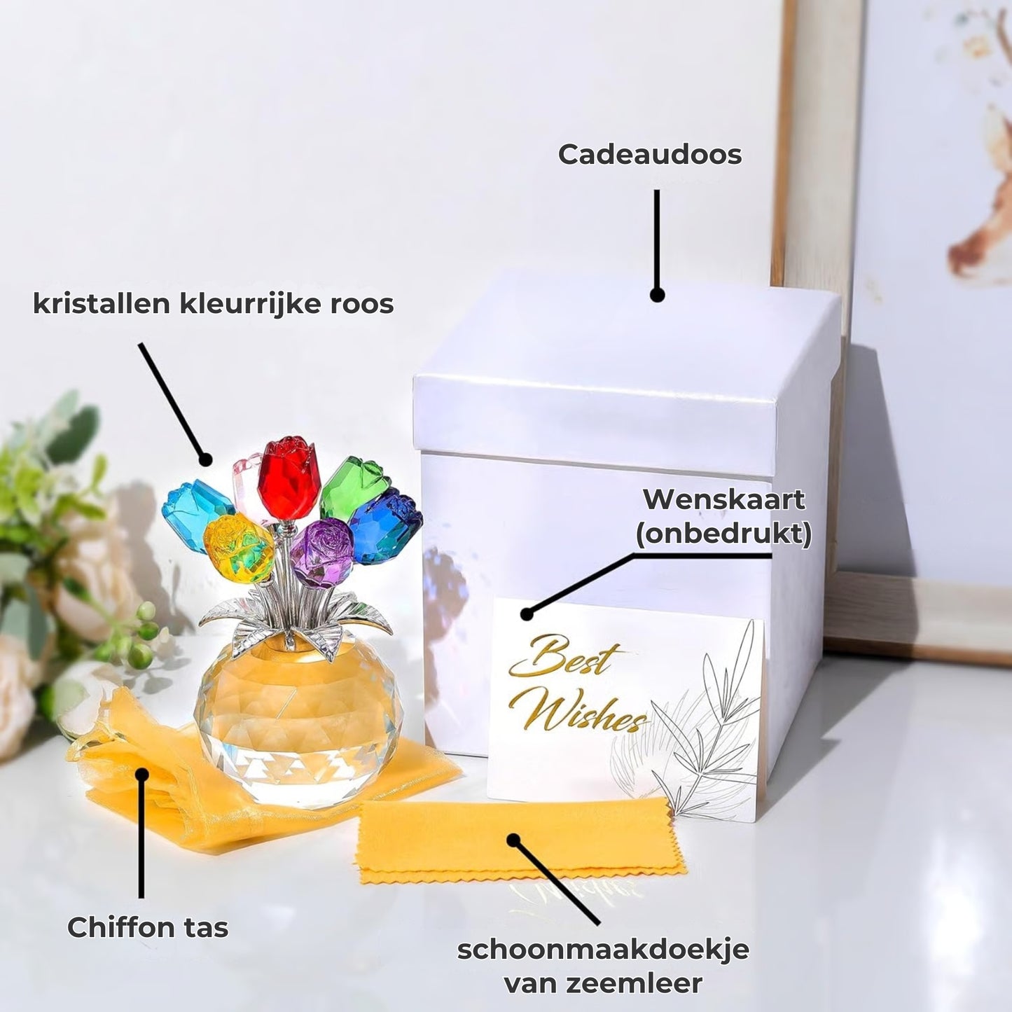 🌹Kristallen, kleurrijke rozenbloem – verzamelbeeldje met vaas