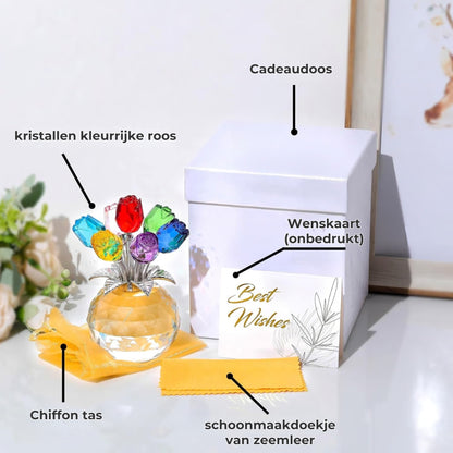 🌹Kristallen, kleurrijke rozenbloem – verzamelbeeldje met vaas