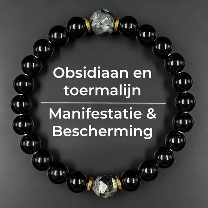Authentieke Beschermingsarmband met Obsidiaan- en Toermalijnsteen