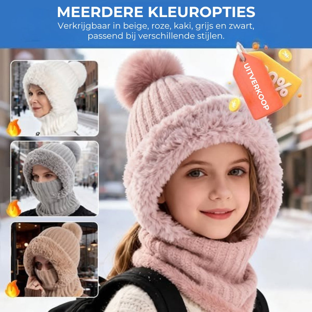 Thermische gebreide hood-muts voor dames – Fleece gevoerde wintermuts, nekwarmer en gezichtsbedekking