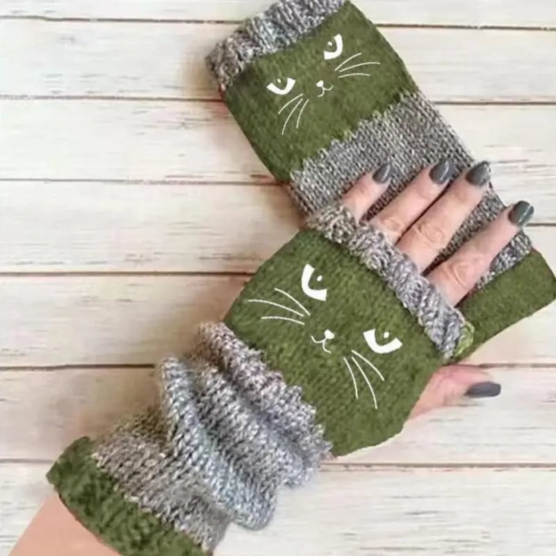 🐱🧶Vingerloze handschoenen van gebreid materiaal met schattige kattenborduursels