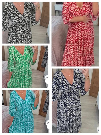🔥Bohemian casual print V-hals wikkeljurk met lange mouwen