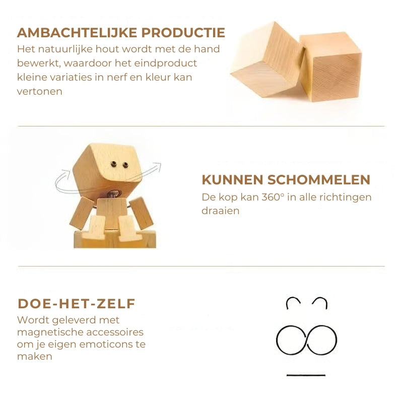 Charmant klein houten schommelfiguurtje met 12 magnetische uitdrukkingen