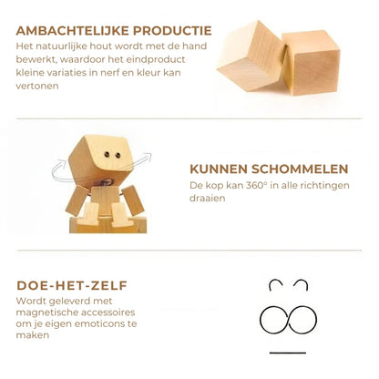 Charmant klein houten schommelfiguurtje met 12 magnetische uitdrukkingen
