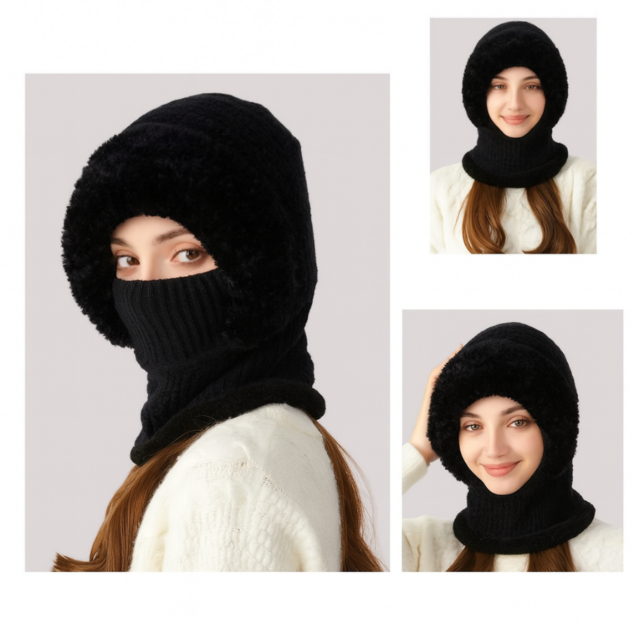 Thermische gebreide hood-muts voor dames – Fleece gevoerde wintermuts, nekwarmer en gezichtsbedekking