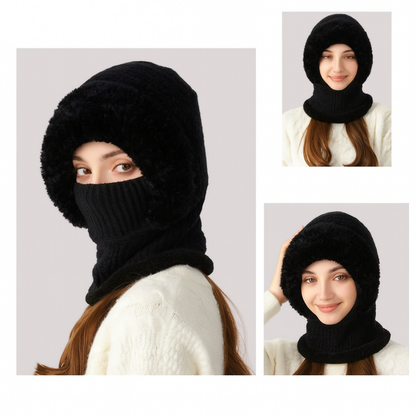 Thermische gebreide hood-muts voor dames – Fleece gevoerde wintermuts, nekwarmer en gezichtsbedekking
