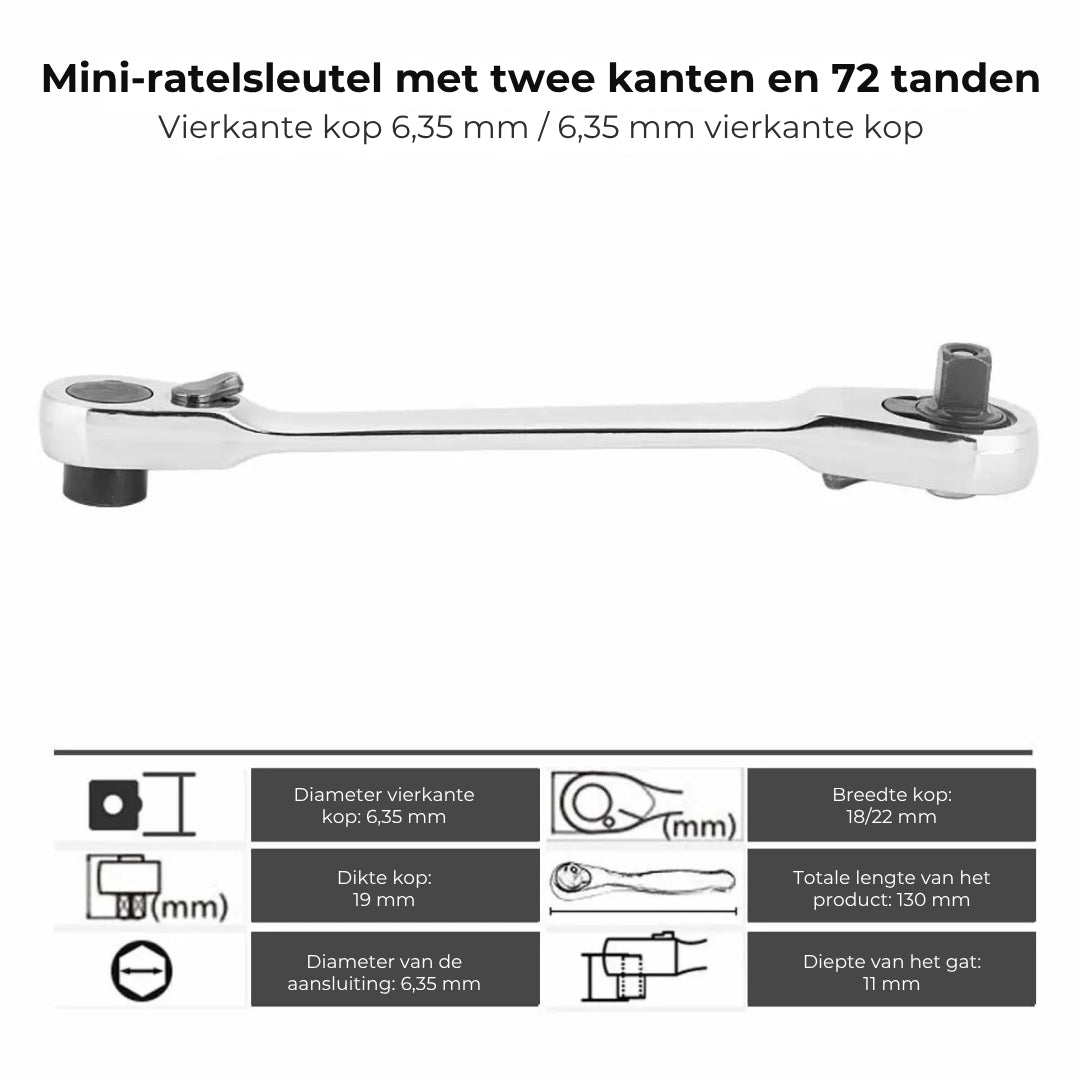 Magnetische Mini-Ratelsleutel 1/4" met Dubbele Kop