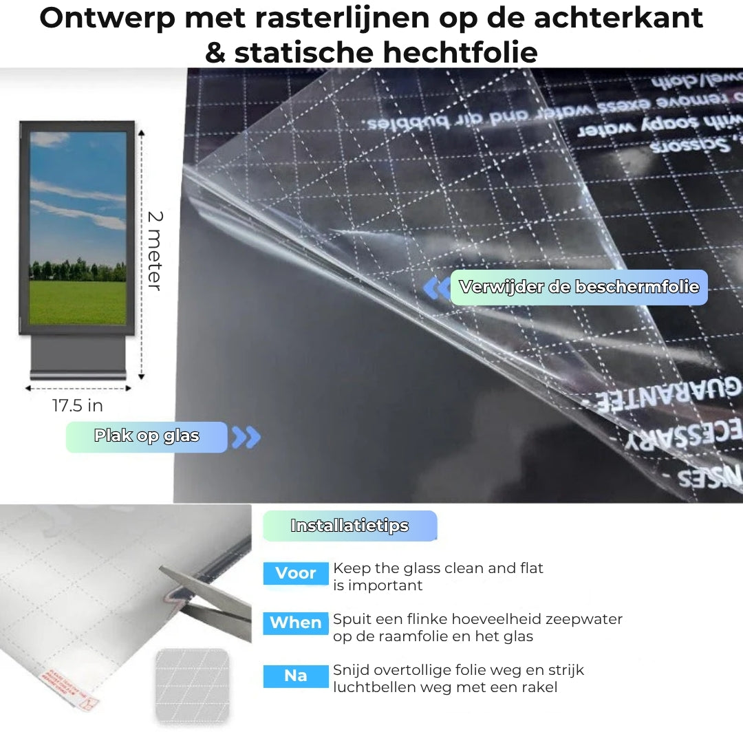 Eenrichtingsprivacyfolie – Statisch hechtende spiegelende folie met complete doe-het-zelfset
