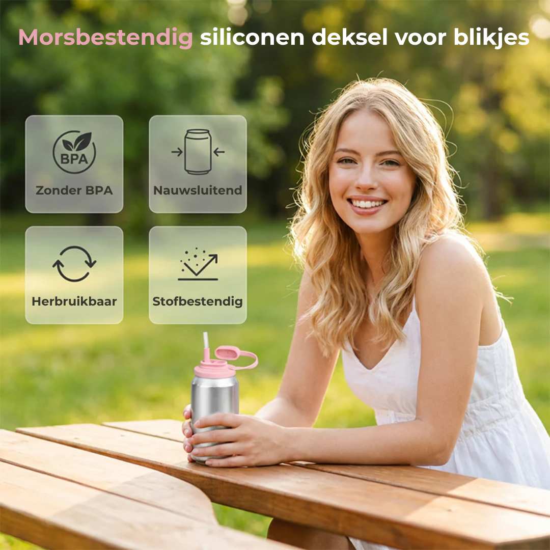 Morsbestendig Siliconen Deksel met Rietje – voor Standaard Drankblikjes