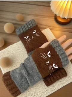 🐱🧶Vingerloze handschoenen van gebreid materiaal met schattige kattenborduursels