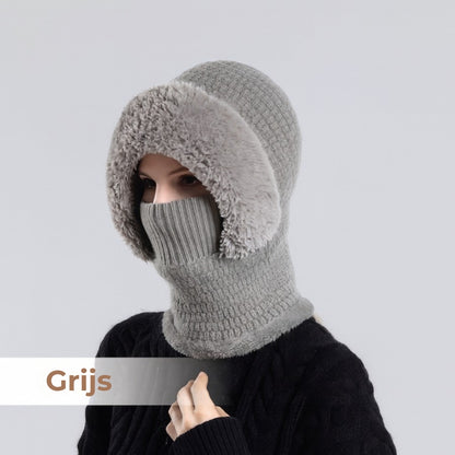 Thermische gebreide hood-muts voor dames – Fleece gevoerde wintermuts, nekwarmer en gezichtsbedekking