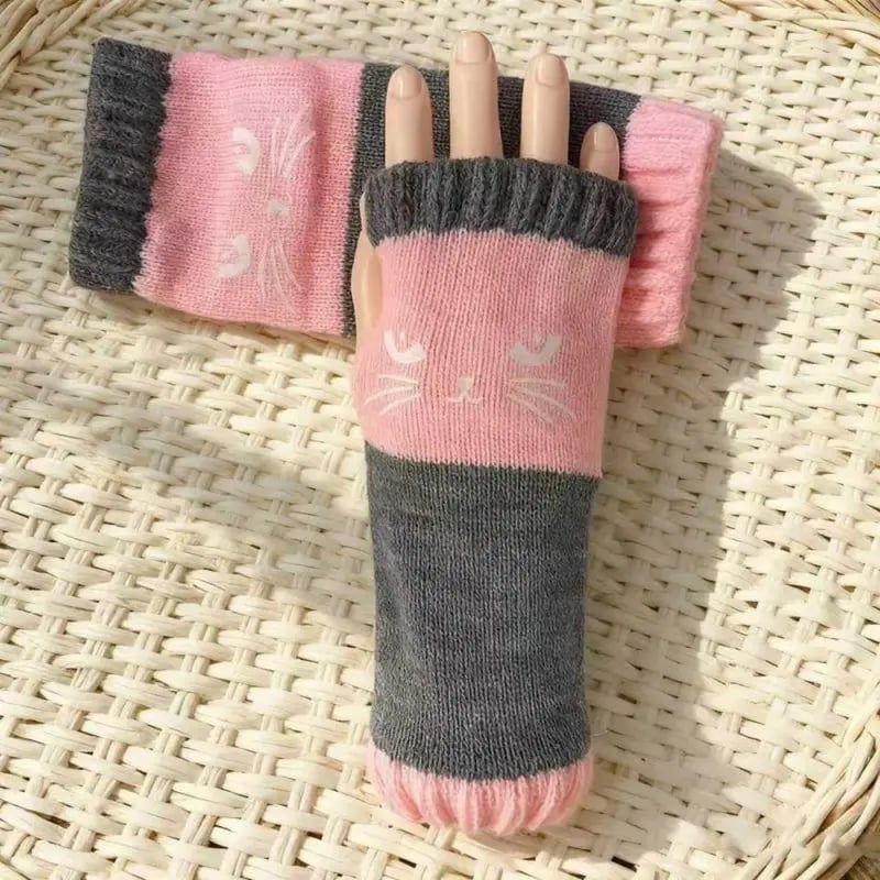 🐱🧶Vingerloze handschoenen van gebreid materiaal met schattige kattenborduursels