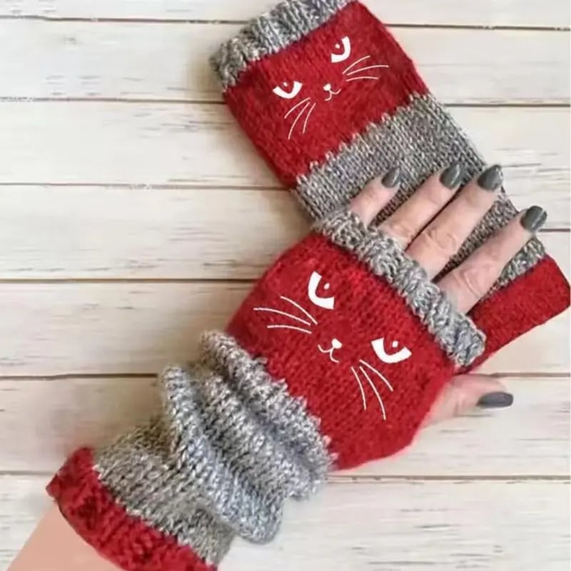 🐱🧶Vingerloze handschoenen van gebreid materiaal met schattige kattenborduursels
