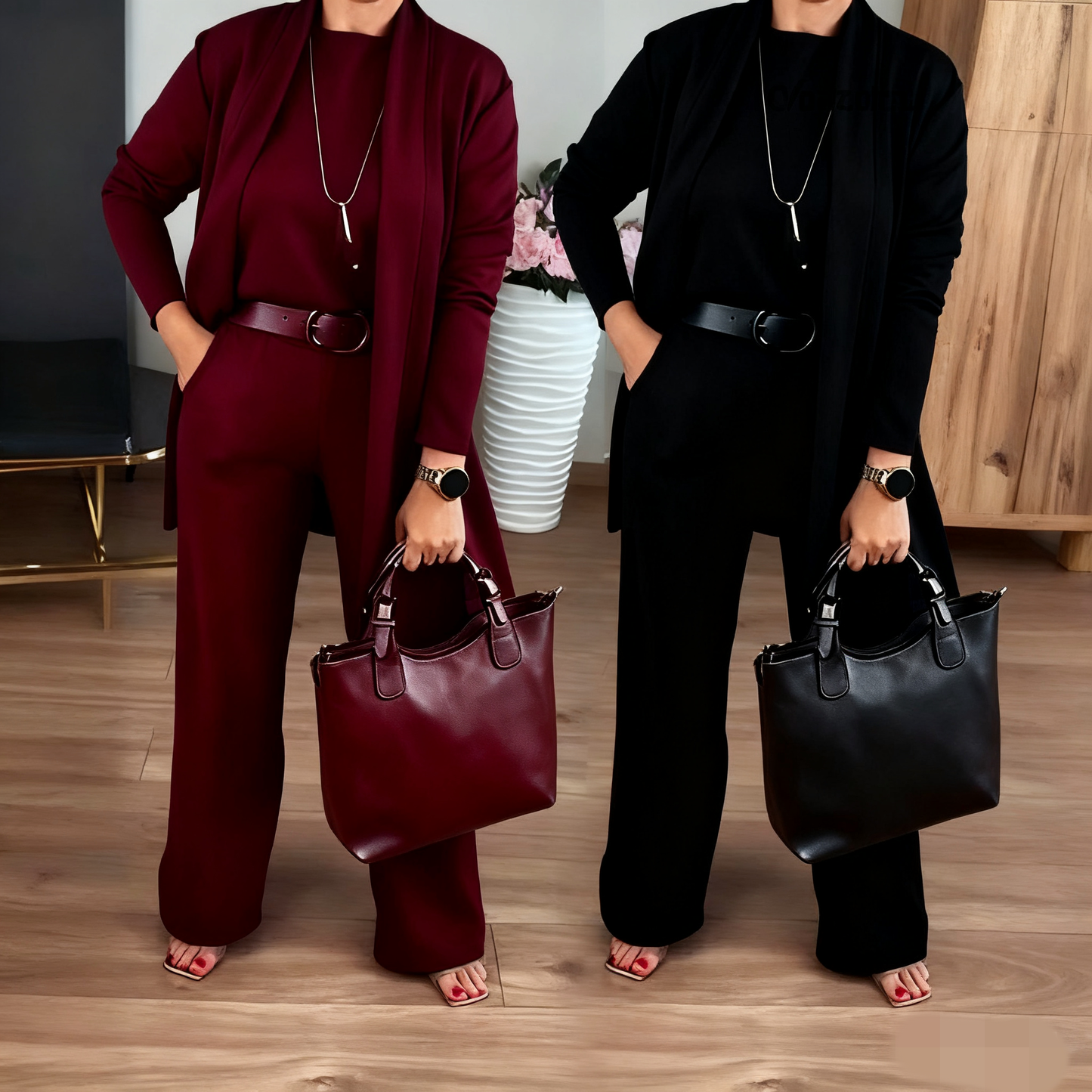 Elegante 3-delige Set Bestaande Uit Een Lang Vest, Top En Broek