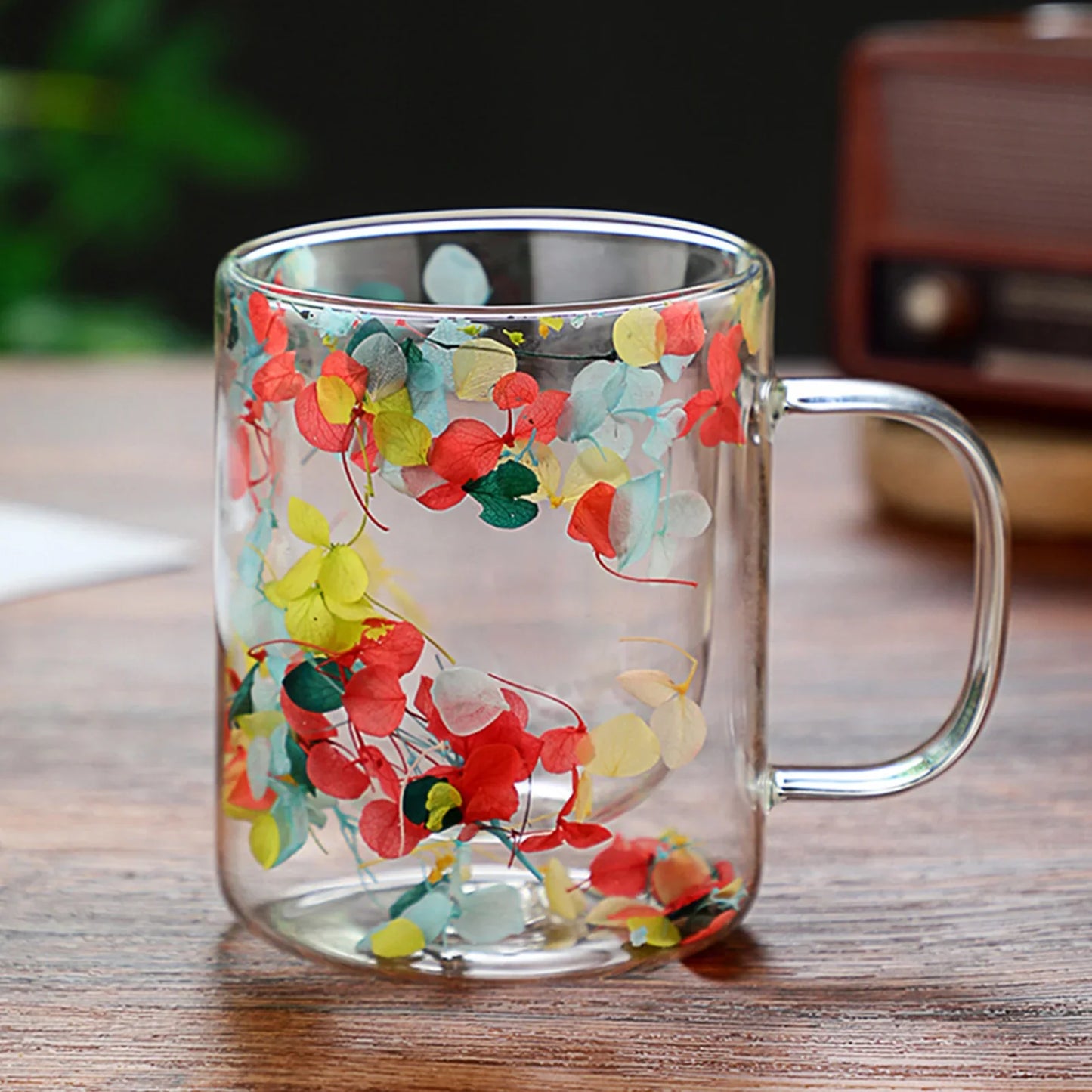 Dubbelwandige Glazen Koffiemok met Gedroogde Bloemen 350 ml