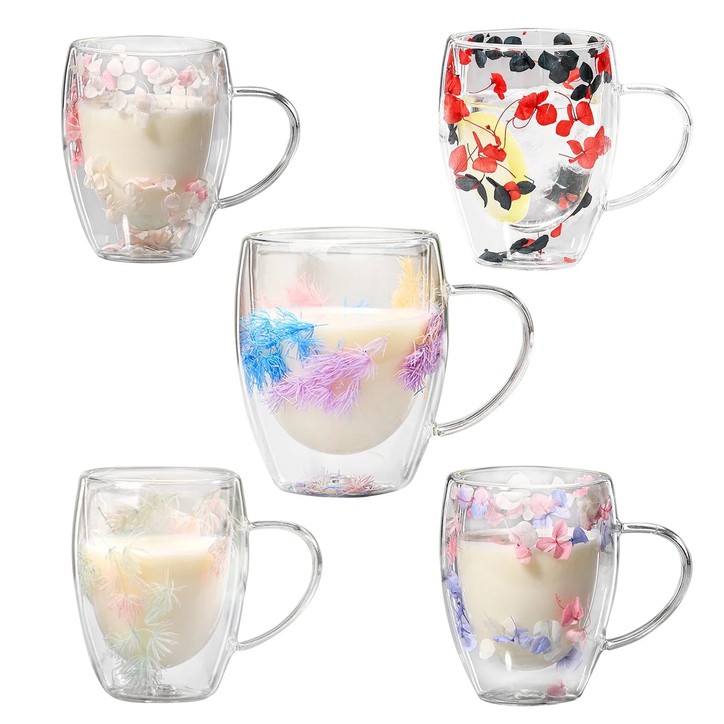 Dubbelwandige Glazen Koffiemok met Gedroogde Bloemen 350 ml