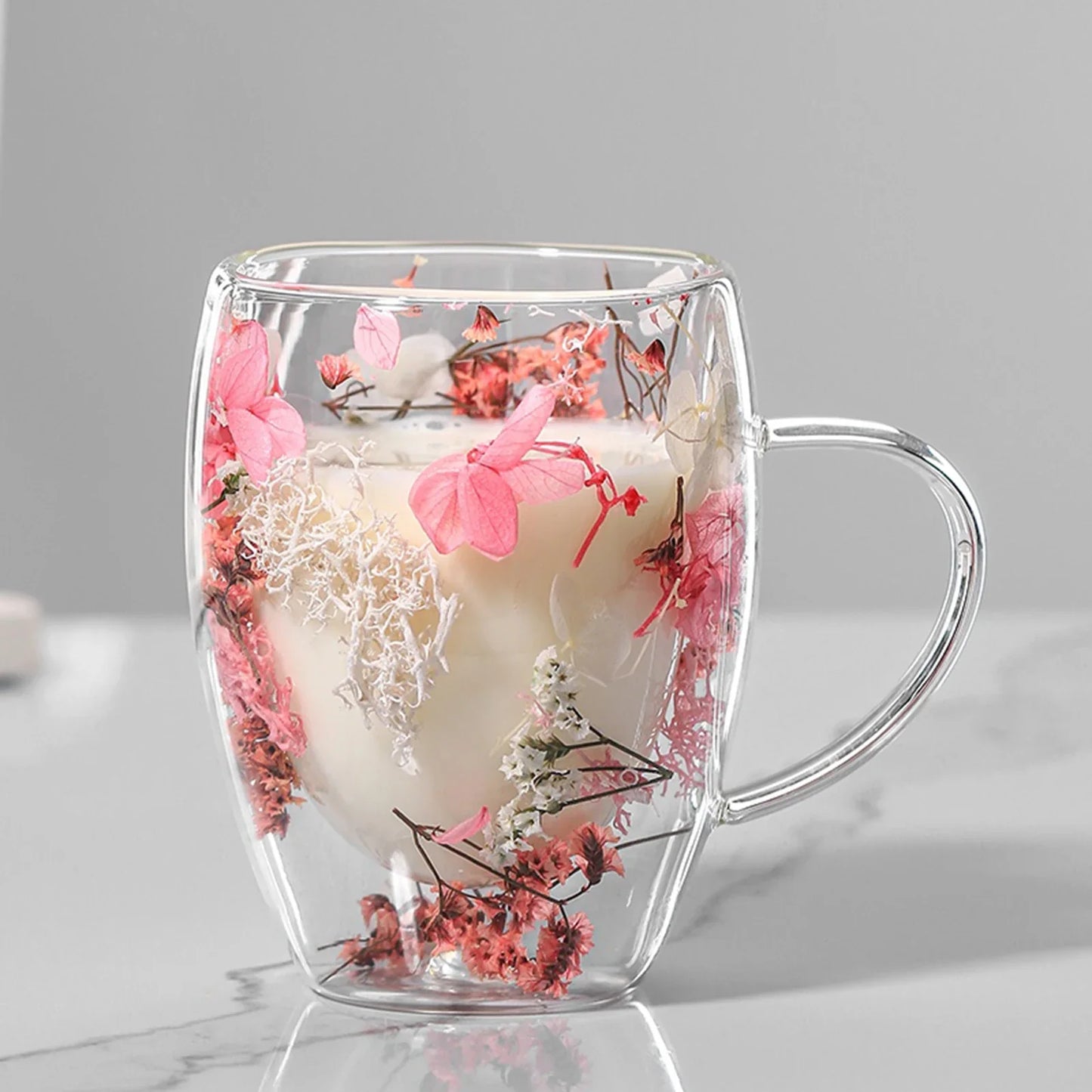 Dubbelwandige Glazen Koffiemok met Gedroogde Bloemen 350 ml