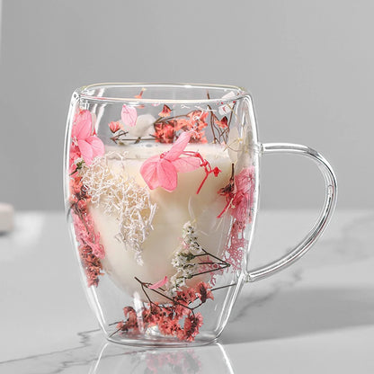 Dubbelwandige Glazen Koffiemok met Gedroogde Bloemen 350 ml