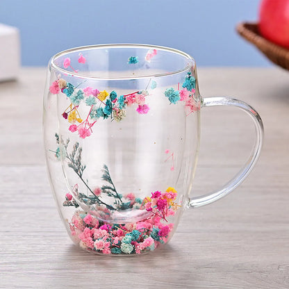 Dubbelwandige Glazen Koffiemok met Gedroogde Bloemen 350 ml
