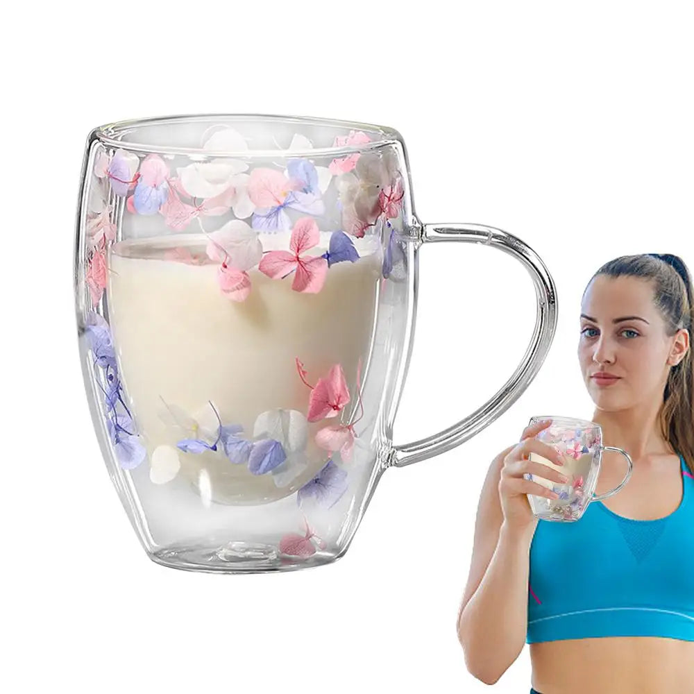 Dubbelwandige Glazen Koffiemok met Gedroogde Bloemen 350 ml