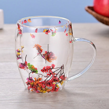 Dubbelwandige Glazen Koffiemok met Gedroogde Bloemen 350 ml