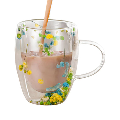 Dubbelwandige Glazen Koffiemok met Gedroogde Bloemen 350 ml
