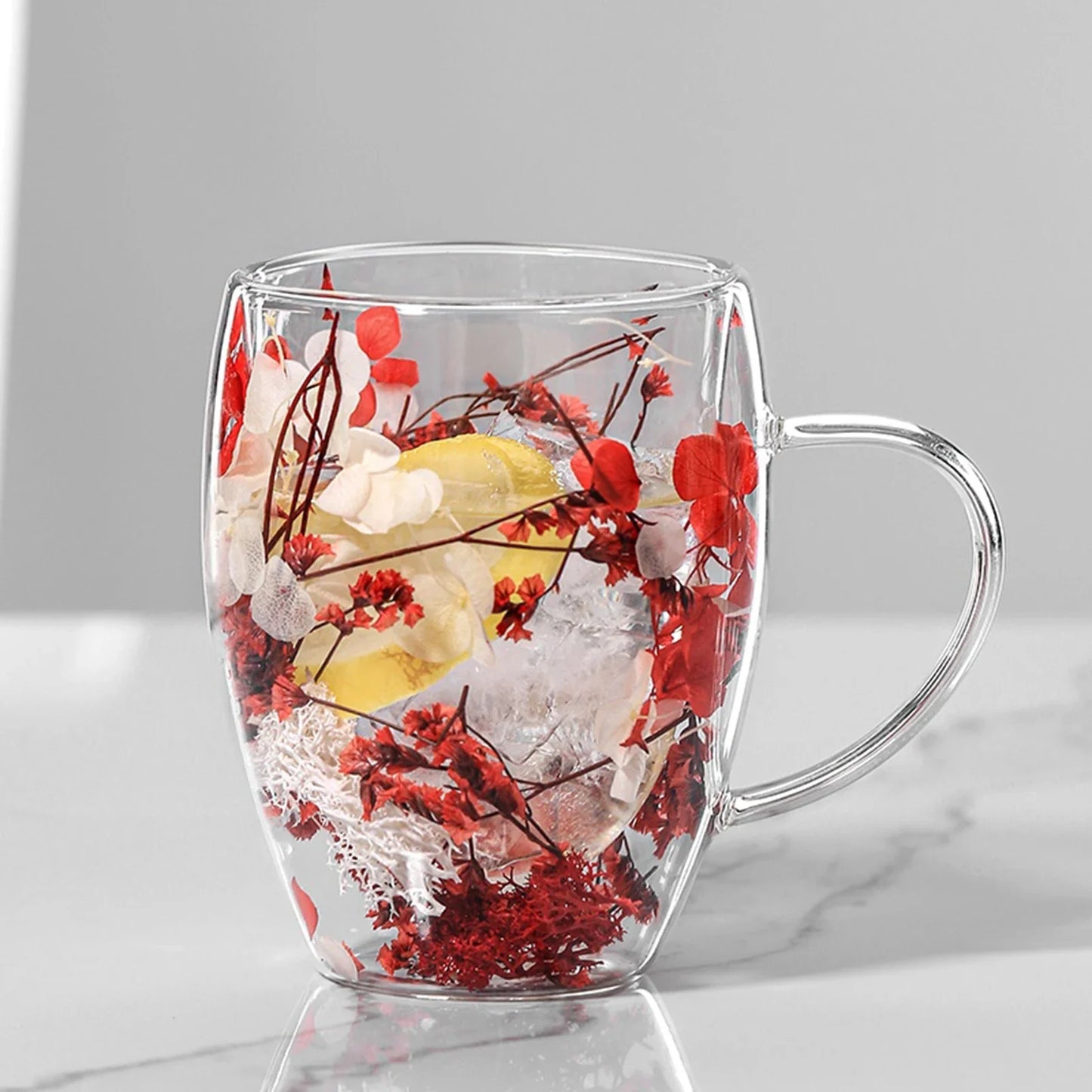 Dubbelwandige Glazen Koffiemok met Gedroogde Bloemen 350 ml