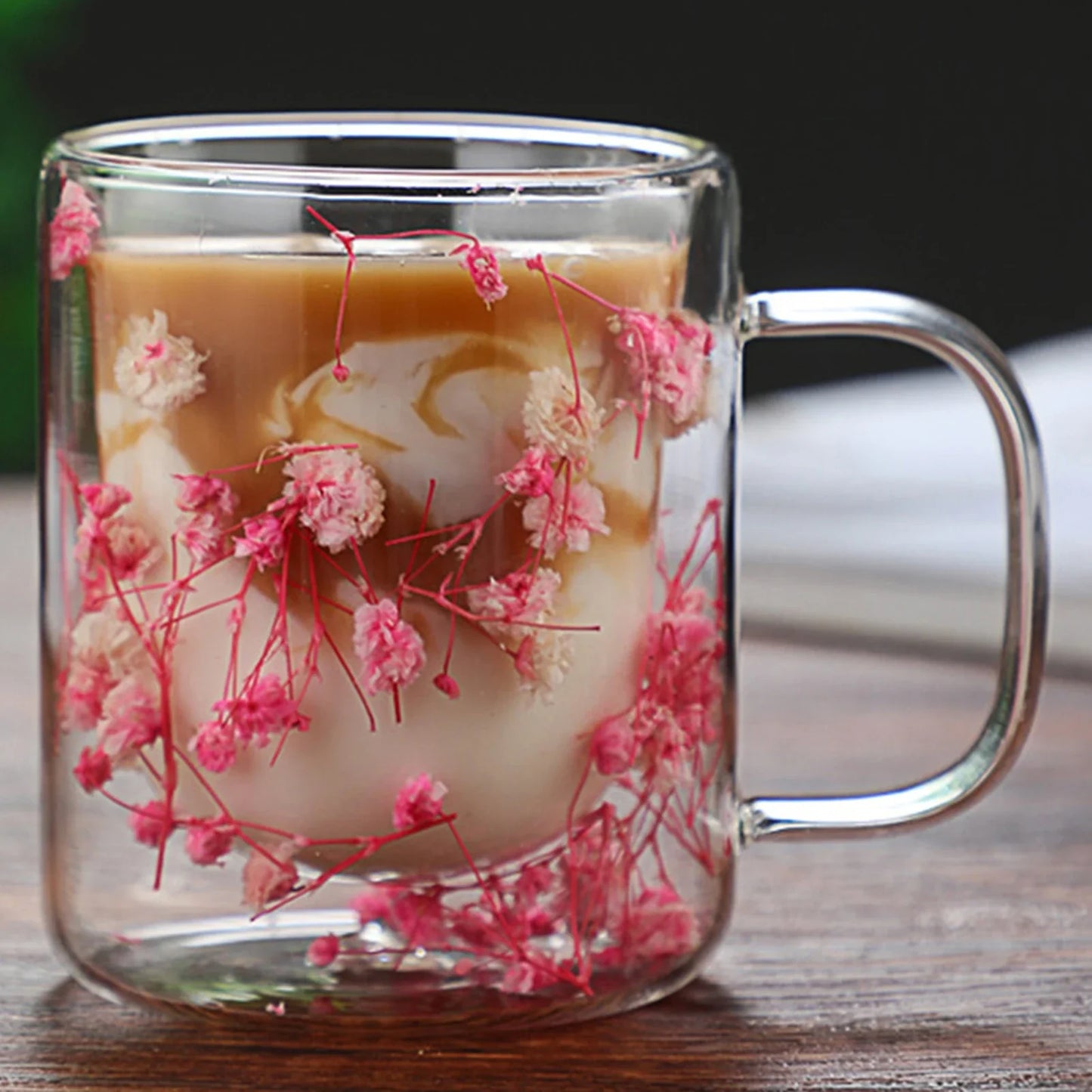 Dubbelwandige Glazen Koffiemok met Gedroogde Bloemen 350 ml