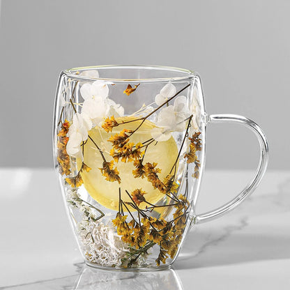Dubbelwandige Glazen Koffiemok met Gedroogde Bloemen 350 ml