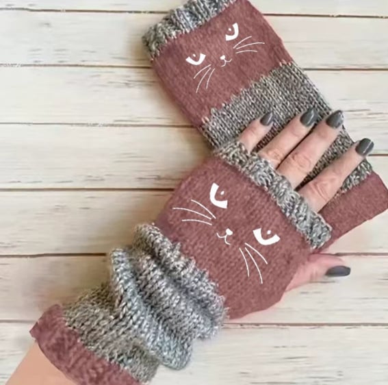 🐱🧶Vingerloze handschoenen van gebreid materiaal met schattige kattenborduursels