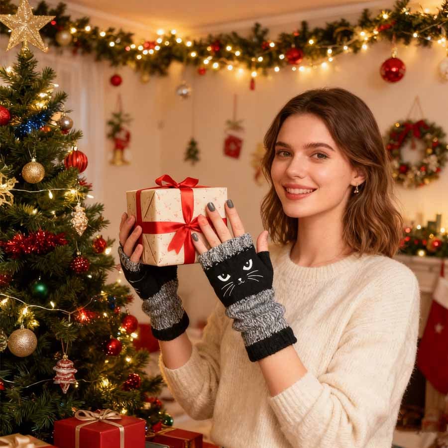 🐱🧶Vingerloze handschoenen van gebreid materiaal met schattige kattenborduursels