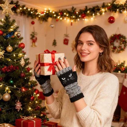🐱🧶Vingerloze handschoenen van gebreid materiaal met schattige kattenborduursels