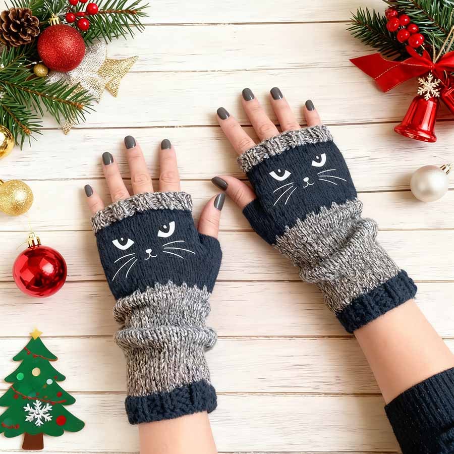 🐱🧶Vingerloze handschoenen van gebreid materiaal met schattige kattenborduursels
