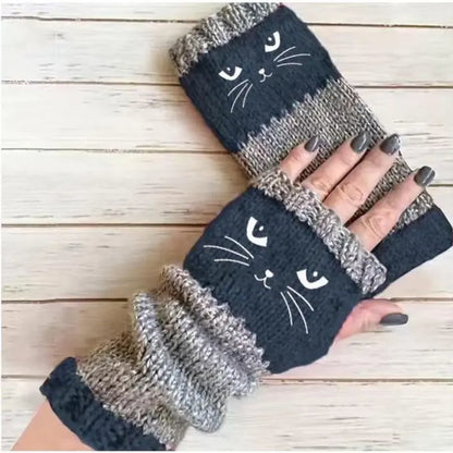 🐱🧶Vingerloze handschoenen van gebreid materiaal met schattige kattenborduursels