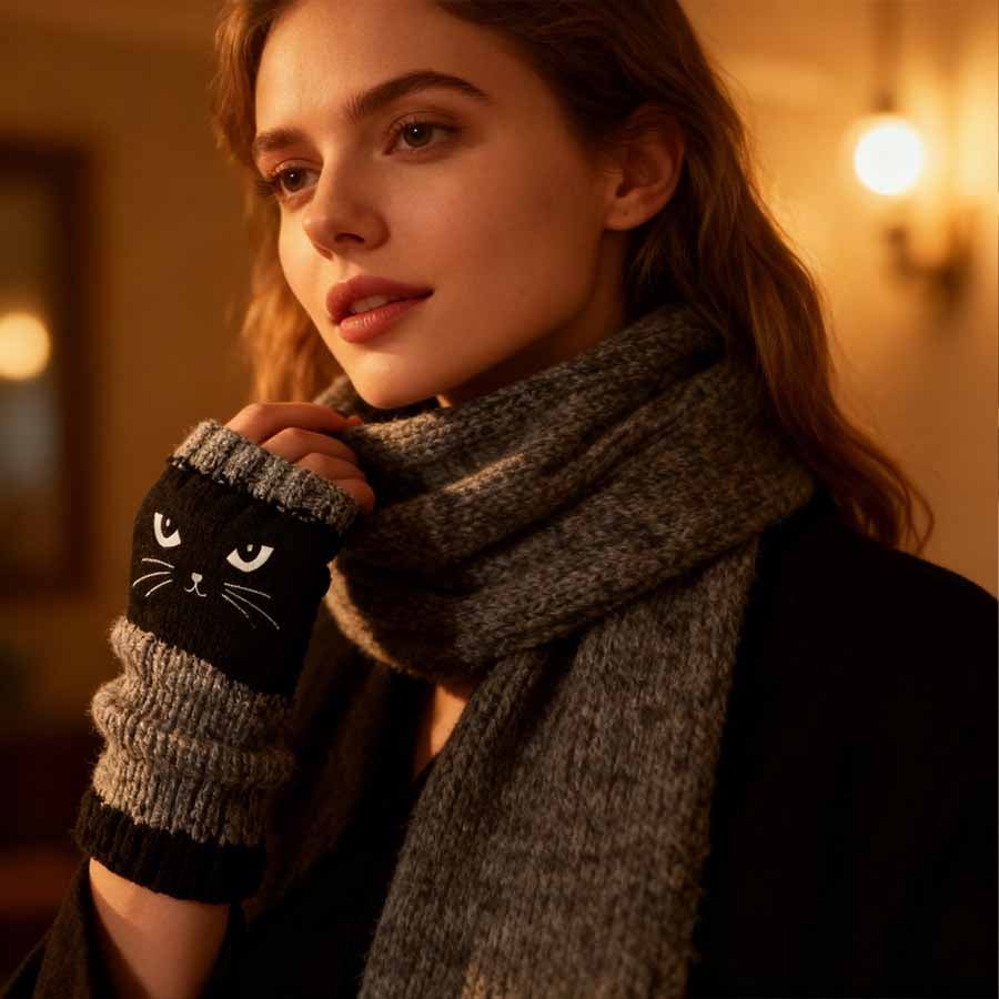 🐱🧶Vingerloze handschoenen van gebreid materiaal met schattige kattenborduursels