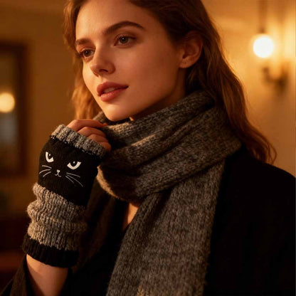🐱🧶Vingerloze handschoenen van gebreid materiaal met schattige kattenborduursels